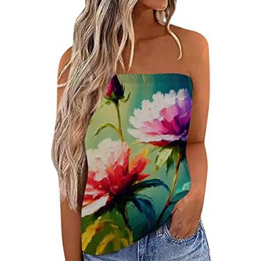 Imagem de Camiseta feminina de verão frente única sexy com estampa floral Boho sem mangas para praia, Verde, GG