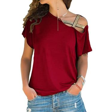 Imagem de Camisetas Femininas Sem Ombro, Cor Pura Casual Verão Fora do Ombro para Mulheres, Soltas para Casual para Namoro para Escritório (L)