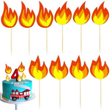 Imagem de 10 PACK Fire Truck Cake Topper, Fire Truck Birthday Party Supplies, Fire Cake Pick Fire Flame Cake Decorations, Paper Cards and Wooden Sticks Fake Campfire, Fire Truck Party Supplies