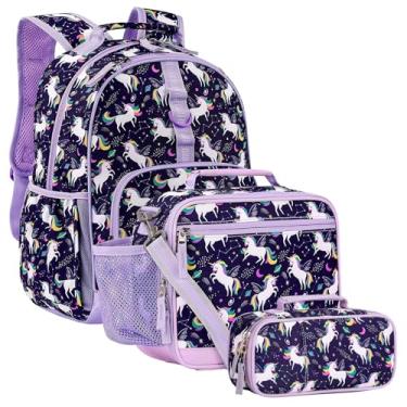 Imagem de Choco Mocha Conjunto de mochila escolar infantil de 43 cm para meninas e meninos, 3 peças, Unicórnio roxo, Clássico