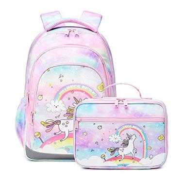 Imagem de Abshoo Mochila infantil fofa para meninas jardim de infância, conjunto de mochilas escolares com lancheira, Unicórnio, arco-íris, Large