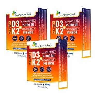 Imagem de 3x Vitamina K2 Menaquinona + D3 Colecalciferol 30 Cápsulas 500mg - Flo
