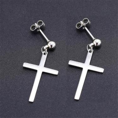 Imagem de par de brinco masculino feminino cruz crucifixo pequena em aço inoxidá