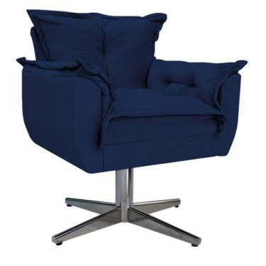 Imagem de Kit 02 Poltronas e Puff Opala Base Giratória de Metal Suede Azul Marin
