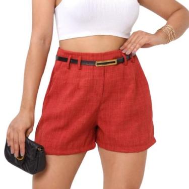 Imagem de Short Feminino Linho Cintura Alta Alfaiataria C/ Cinto Bolso - Thiá St