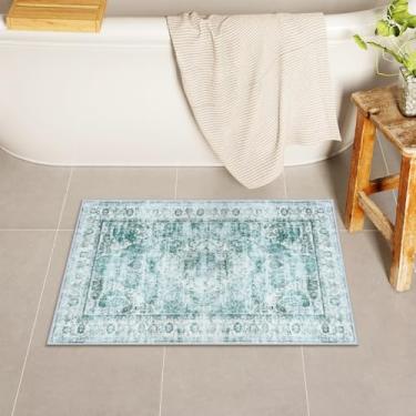Imagem de Uphome Tapetes de banheiro Boho, tapete de banheiro envelhecido verde sálvia, tapetes de banho pequenos de veludo confortável, antiderrapante, lavável, tapete de banheiro oriental vintage para pia de