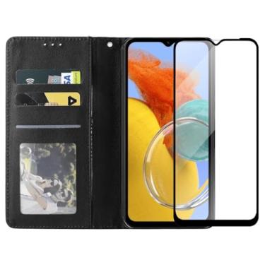 Imagem de Capa Carteira Flip de Couro com Porta Cartão Compatível Samsung Galaxy M14 Preta + Película de Vidro Temperado 3D