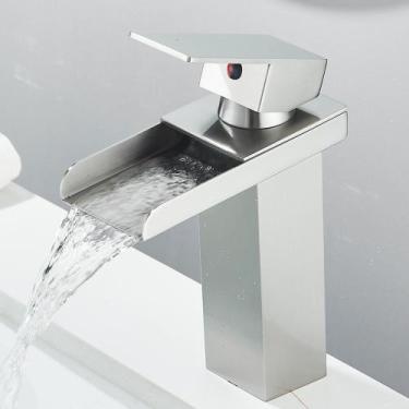 Imagem de Torneira Banheiro Alta Cascata Inox Bancada Metal Acabamento Brilhante