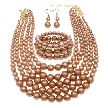 Imagem de Falso Big Pearl Srand Colares para Mulheres 5 Camadas Pérolas Gargantilha Colar Colar Pulseira e Brincos Conjunto 1920 Fantasia Pérola Joias Casamento, Adjustable, Zinco, Pérola sintética