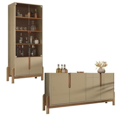 Imagem de Aparador Buffet 170 Com Cristaleira Lizz Pés Madeira Maciça Champagne/cedro
