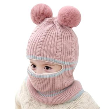 Imagem de Cachecol infantil com chapéu de inverno, 2 em 1, de malha, com orelhas, cachecol térmico à prova de vento para uso ao ar livre