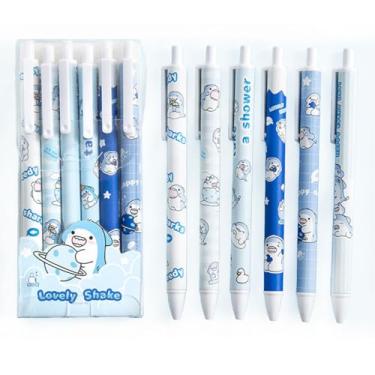 Imagem de XIANFANG 6 canetas de tinta gel Baby Shark, canetas retráteis de tinta preta de 0,5 mm para escritório, adoráveis canetas de escrita para mulheres e professores, artigos de papelaria com uma bolsa