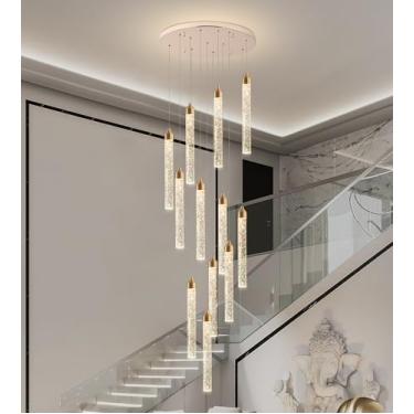 Imagem de YwueChwu Lustre De Cristal Dourado Com 12 Luzes Para Escada De Teto Alto, Espiral Moderna, Gota De Chuva, Regulável, Led, Conjunto De Bolhas, Luminária Suspensa Para Teto, Hall De Entrada, Sala De