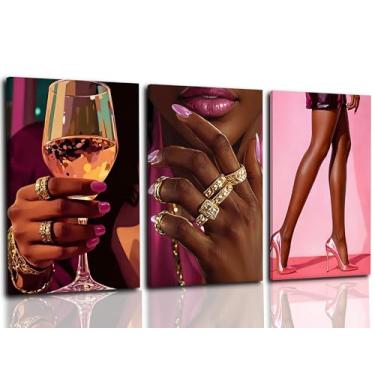 Imagem de 3 peças de arte de parede rosa e preta, pôster de pintura de mulheres afro-americanas, impressão em tela de meninas negras modernas para decoração de sala de estar, escritório, parede de quarto