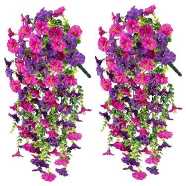 Imagem de Petúnias artificiais, 2 peças de trepadeiras de flores de petúnias simuladas de 76 cm, resistente a UV, para decoração de casamento, jardim, varanda, varanda, ambientes externos