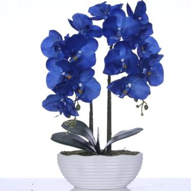 Imagem de YSZL Grande planta de orquídea artificial em vaso, arranjo de flores de seda com vaso de cerâmica, azul marinho