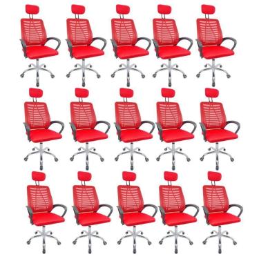 Imagem de Kit 15 Cadeiras Escritório Diretor Tela Mesh Com Encosto De Cabeça Vermelho E Preto