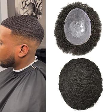 Imagem de LYRICAL HAIR Peruca Afro Cacheado Full Poly Skin Sistema de Substituição de Cabelo Humano Brasileiro para Homens Negros Americanos Injeção Pu Wave HairPieces (#1B Off Black, 8 mm-wave)