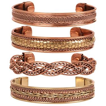 Imagem de INDTRESOR Pulseira magnética de cobre estilo tibetano. Forjada à mão com cobre puro sólido e de alto calibre. Conjunto de 4 designs diferentes em estilo trançado de fios trançados.