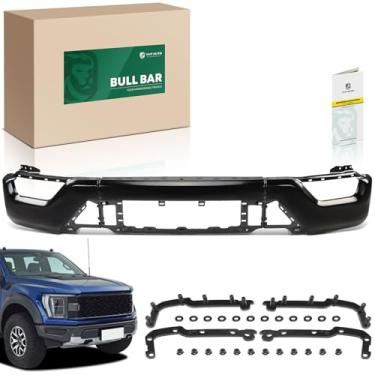 Imagem de YHTAUTO Para-choque dianteiro serve para Ford F-150 2021-2023, sem furos de sensor, protetor de escova de aço para barra de escova de caminhão Bull Bar - acessórios off-road preto fosco