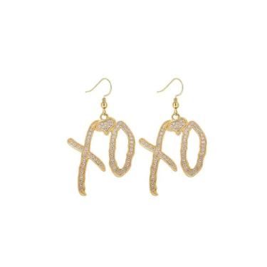 Imagem de Brincos femininos com pingente de letra XO High Hip Hop da Unise, moda criativa zircônia cúbica pingente hip hop rock presente joias, Large, Liga de aço, Sem pedra preciosa