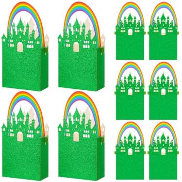 Imagem de Gueevin 24 caixas de castelo verdes com glitter com alças de arco-íris caixas de lembrancinhas de festa de bruxa 9 x 5 x 17 cm com glitter, decorações de festa de castelo de princesa para decoração de