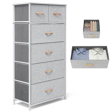 Imagem de VredHom Cômoda de tecido para quarto, cômoda alta skinny com 6 gavetas, torre organizadora de armazenamento, parte superior de madeira com moldura de aço para armário, sala de estar, corredor (cinza