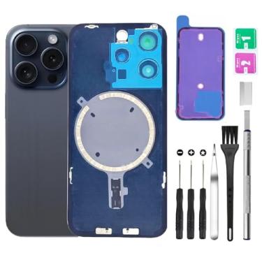 Imagem de Substituição de vidro traseiro para iPhone 15 Pro + lente da câmera + ímã + suporte de peça de ferro com kit de ferramentas de reparo (azul)