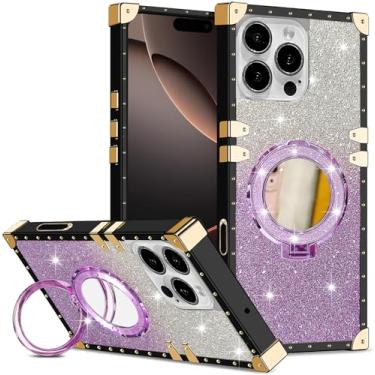 Imagem de DMaos Capa feminina para iPhone 14/iPhone 13, gradiente de glitter compatível com Magsafe, espelho magnético com suporte para iPhone 14/iPhone13 de 6,1 polegadas - roxo