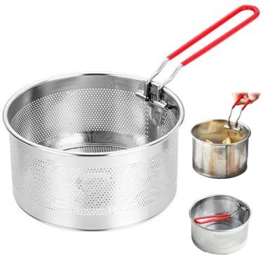 Imagem de Cesta para fritar, cesta de fritadeira de aço inoxidável resistente ao calor com alça dobrável destacável fritura redonda para fritar batatas fritas, cozinhar macarrão, macarrão, legumes