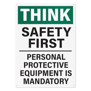 Imagem de Placa Safety First Workplace | Placa de segurança no local de trabalho necessária para equipamento de proteção pessoal, alumínio livre de ferrugem de 25 x 35 cm
