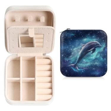 Imagem de TKBXAEG Organizador de joias de viagem Galaxy Sky Dolphin, caixas de joias com espelho, suporte de armazenamento de joias de couro PU para anéis, brincos, pingentes, colares, presentes para meninas e