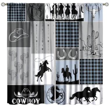 Imagem de Fblifil Cortina de caubói ocidental, botas de chapéu de caubói selvagem cavalo ferradura cacto vaca do deserto caveira azul búfalo xadrez tratamentos de janela para quarto decoração de sala de estar