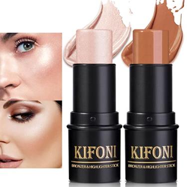 Imagem de LSxia Kit de maquiagem em bastão de contorno creme, bastão iluminador de creme e bastão de bronzeador para bochechas, leve, misturável, suave - iluminador e bronzeador (#04 ouro rosa claro # 07 café)