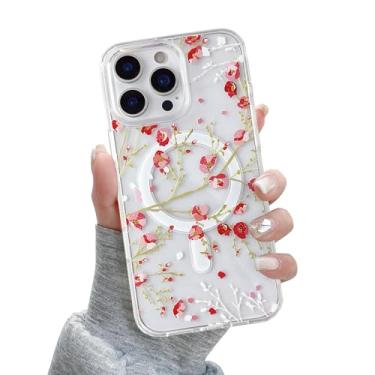 Imagem de QLTYPRI Capa magnética para iPhone 15 Pro Max compatível com Magsafe, linda flor floral estética capa de telefone fina transparente antiamarelamento à prova de choque para meninas mulheres - vermelha