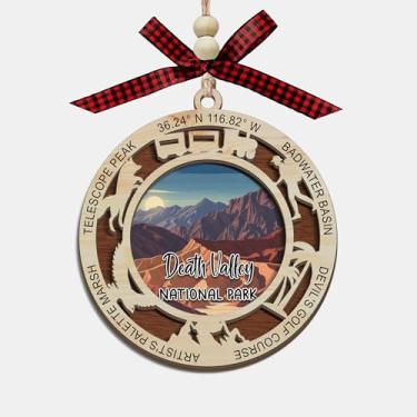 Imagem de Lerime66 Enfeite de Natal do Parque Nacional do Vale da Morte, design de corte a laser de madeira de 2 camadas, decoração de árvore de férias, presente de lembrança de viagem, salinas, dunas de areia