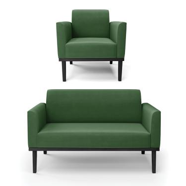 Imagem de Sofá Namoradeira com Poltrona Base de Madeira Fixa Preto Marisa Suede Verde  D03 - D'Rossi