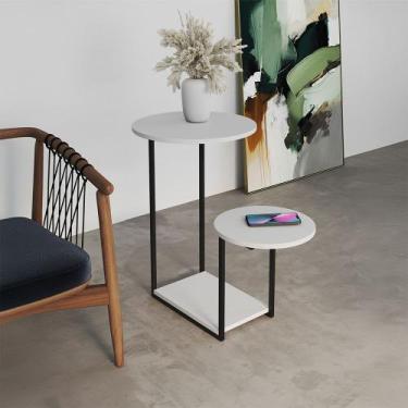 Imagem de Mesa de Apoio Lateral Ferro Preto Tampo Redondo Branca - CASA PRIME