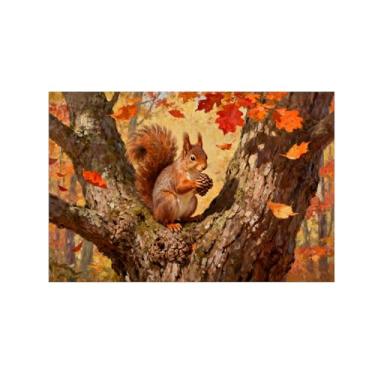 Imagem de Quadro parede outono-Esquilo-árvore Impressões em tela paisagens-Pintura animais para sala estar decoração fazenda 20x30cm Sem Moldura