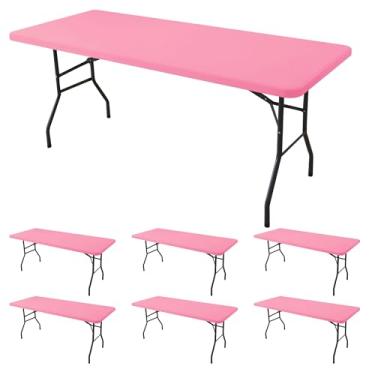 Imagem de Enjoyidea Toalha de mesa ajustada para mesas retangulares de 2,3 m - pacote com 6 toalhas de mesa rosa elástica para piquenique ao ar livre - toalhas de mesa dobráveis elásticas de elastano 2,4 m para