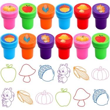 Imagem de Carimbos de outono para crianças, selos de tinta própria, colheita, dia de Ação de Graças, conjunto de carimbos para lembrancinhas de festa, sala de aula, prêmio, suprimentos de recompensa, 12 peças