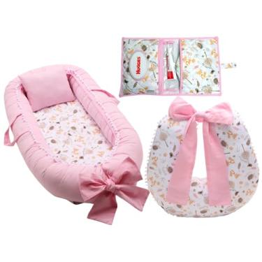 Imagem de Kit Bebê 3 Peças, Almofada de Amamentação, Ninho Redutor de Berço, Porta Fralda, Rosa para Menina (Fox)