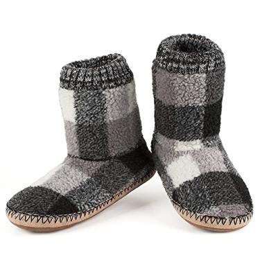 Imagem de Botas masculinas aquecidas para casa, meias de lã de ovelha felpuda grossa mocassim de inverno, solas antiderrapantes, confortáveis e confortáveis para uso interno, Xadrez cinza/branco, 12-13
