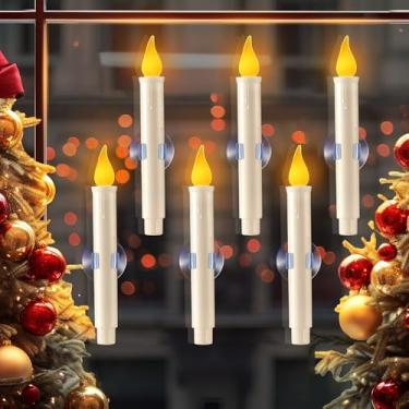 Imagem de Meonum Pacote com 6 velas de janela operadas a bateria, velas de Natal de 19 cm, decoração de janela de LED com sensor do anoitecer ao amanhecer, decorações cônicas sem chama com ventosas para o Natal