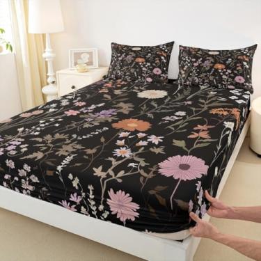 Imagem de Erosebridal Jogo de lençol solteiro com flores silvestres rosa e preto flores silvestres vintage botânico floral