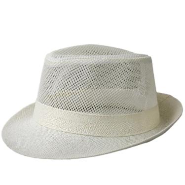 Imagem de Chapéu de sol masculino verão ao ar livre viagem chapéu de sol malha confortável respirável frisado chapéu panamá bege G 58-60 cm