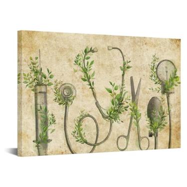Imagem de KREATIVE ARTS Arte de parede em tela botânica médica vintage 61 x 91 cm decoração de escritório médico enfermeiro estetoscópio seringa natureza folha verde arte hospital clínica decoração