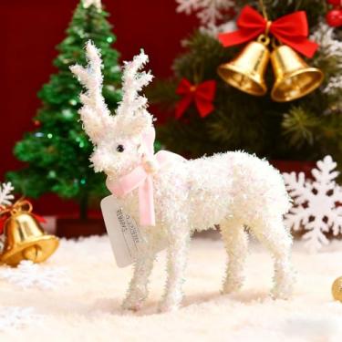 Imagem de Enfeite brilhante de alce branco de Natal para pendurar na árvore de Natal, para festas de ano novo, mesa de trabalho, adereços de decoração (Rosa-18 cm)
