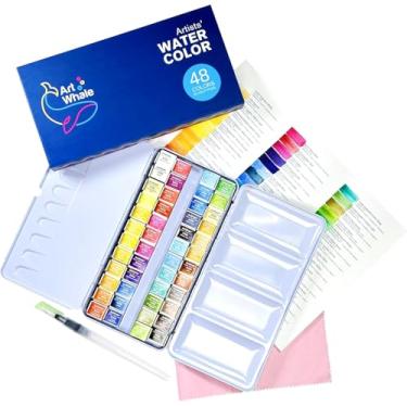 Imagem de Conjunto de tintas para aquarela em meias-frigideiras da ArtWhale, 48 cores, caixa de estanho + pincel de água – Conjunto de aquarela profissional para iniciantes, artistas, estudantes, hobby pintores