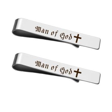 Imagem de Conjunto de 2 clipes de gravata Man Of God – Padrinho afilhado presentes cristãos para homens, meninos, filho, marido, presente de Natal para vovô e pai, Prata, P